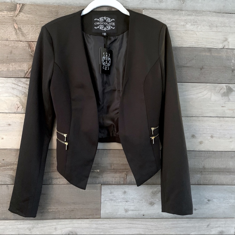 NWT Chocolate Black Crop Blazer Gold Zippers
